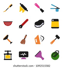 solid vector ixon set - scraper vector, broom, sponge, car fetlock, steaming, colander, cook press, spatula, rolling pin, meat hammer, cutting board, pen, diagnostic monitor, attachment