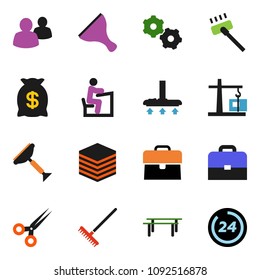solid vector ixon set - scraper vector, vacuum cleaner, rake, student, case, horizontal bar, group, scissors, big data, gear, construction crane, money bag, 24 hour