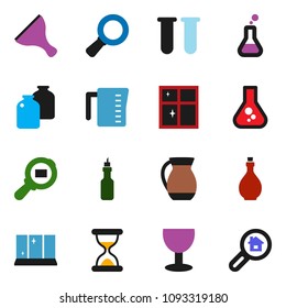 solid vector ixon set - scraper vector, shining window, oil, measuring cup, jug, jar, magnifier, flask, glass, cargo search, vial, sand clock, estate