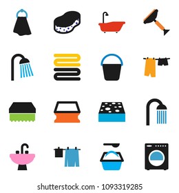 solid vector ixon set - scraper vector, bucket, sponge, towel, bath, drying clothes, washing powder, shower, sink, washer