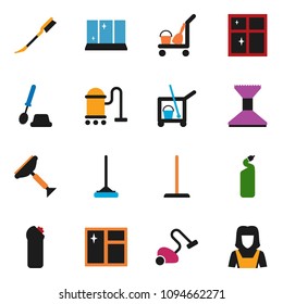 solid vector ixon set - scraper vector, cleaner trolley, vacuum, mop, car fetlock, window cleaning, toilet brush, agent, shining, woman