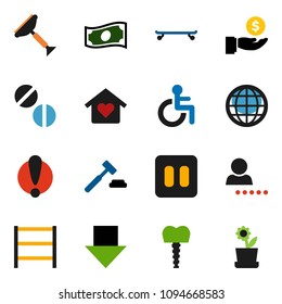 solid vector ixon set - scraper vector, cash, investment, auction, arrow down, skateboard, attention, shelving, pause button, disabled, pills, tooth implant, globe, login, love home, flower in pot
