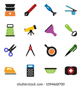 solid vector ixon set - scraper vector, iron, pan, colander, cook press, ladle, grater, double boiler, blender, pen, drawing compass, telescope, scissors, first aid kit