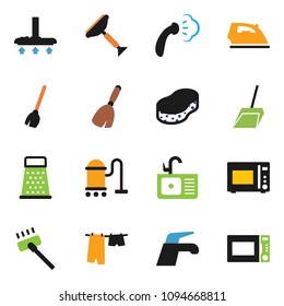 solid vector ixon set - scraper vector, broom, water tap, vacuum cleaner, scoop, sponge, iron, steaming, drying clothes, sink, grater, microwave oven