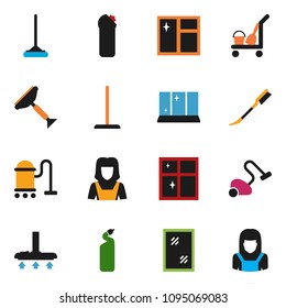 solid vector ixon set - scraper vector, cleaner trolley, vacuum, mop, car fetlock, window cleaning, agent, shining, woman