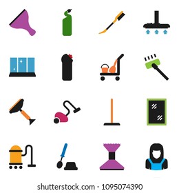 solid vector ixon set - scraper vector, cleaner trolley, vacuum, mop, car fetlock, window cleaning, toilet brush, agent, shining, woman