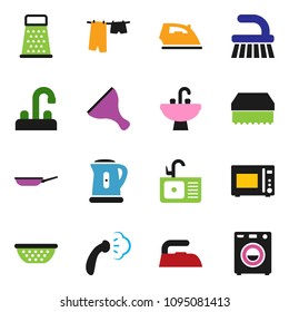 solid vector ixon set - scraper vector, fetlock, sponge, iron, steaming, drying clothes, sink, water tap, pan, kettle, colander, grater, microwave oven, washer