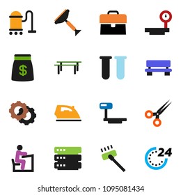 solid vector ixon set - scraper vector, vacuum cleaner, iron, student, case, horizontal bar, big scales, vial, scissors, data, gear, bench, money bag, 24 hour