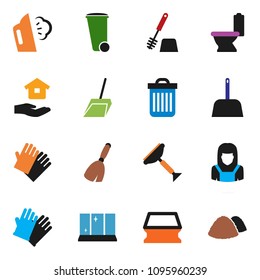 solid vector ixon set - scraper vector, broom, scoop, sponge, trash bin, steaming, toilet, brush, rubber glove, shining window, house hold, cleaner woman, garbage pile