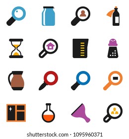 solid vector ixon set - scraper vector, window cleaning, measuring cup, hand mill, jug, jar, magnifier, cargo search, flask, sand clock, potion, estate, client