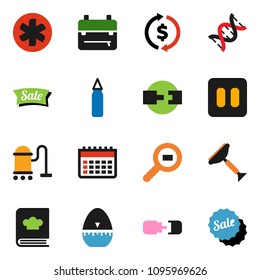 solid vector ixon set - scraper vector, vacuum cleaner, cook timer, cookbook, backpack, exchange, punching bag, calendar, cargo search, pause button, ambulance star, dna, connection, sale