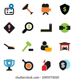 solid vector ixon set - scraper vector, scoop, pan, corner ruler, award cup, money search, dollar shield, navigator, video camera, connection, attention sign, garage, mailbox, customer, auction