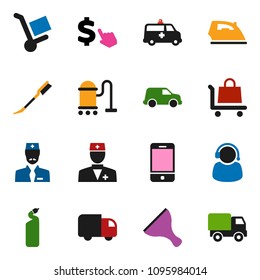solid vector ixon set - scraper vector, vacuum cleaner, car fetlock, iron, cleaning agent, dollar cursor, mobile phone, doctor, amkbulance, support, trolley, delivery
