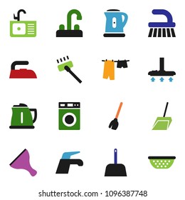 solid vector ixon set - scraper vector, broom, water tap, vacuum cleaner, fetlock, scoop, iron, drying clothes, washer, sink, kettle, colander