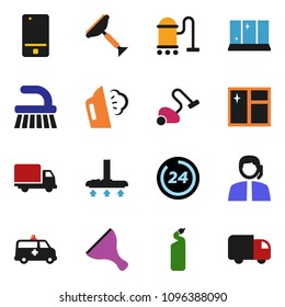 solid vector ixon set - scraper vector, vacuum cleaner, fetlock, window cleaning, steaming, agent, shining, support, delivery, mobile phone, amkbulance car, 24 hour