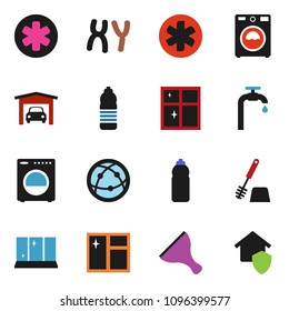 solid vector ixon set - scraper vector, window cleaning, toilet brush, washer, shining, water bottle, internet, ambulance star, chromosomes, supply, garage, home protect