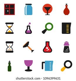solid vector ixon set - scraper vector, shining window, oil, measuring cup, hand mill, jar, flask, glass, magnifier, sand clock