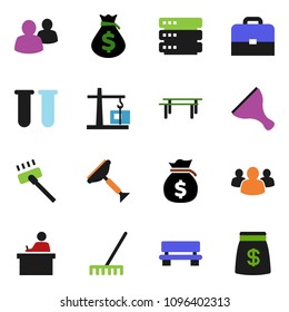 solid vector ixon set - scraper vector, vacuum cleaner, rake, student, case, money bag, horizontal bar, group, vial, big data, bench, construction crane