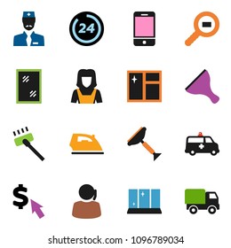 solid vector ixon set - scraper vector, vacuum cleaner, window cleaning, iron, shining, woman, dollar cursor, support, cargo search, mobile phone, amkbulance car, doctor, 24 hour, delivery