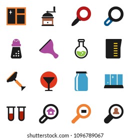 solid vector ixon set - scraper vector, window cleaning, shining, measuring cup, hand mill, jar, magnifier, flask, glass, cargo search, vial, estate, client