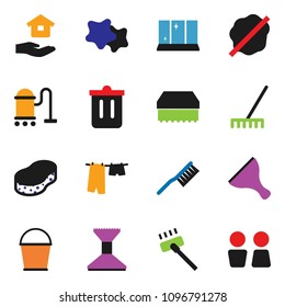 solid vector ixon set - scraper vector, vacuum cleaner, fetlock, rake, bucket, sponge, trash bin, car, splotch, drying clothes, shining window, house hold, water closet