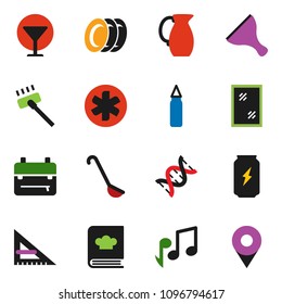 solid vector ixon set - scraper vector, vacuum cleaner, window cleaning, plates, ladle, cookbook, jug, corner ruler, backpack, music, punching bag, enegry drink, glass, ambulance star, dna, pin