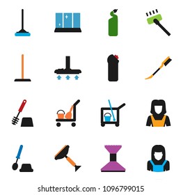 solid vector ixon set - scraper vector, cleaner trolley, vacuum, mop, car fetlock, toilet brush, cleaning agent, shining window, woman