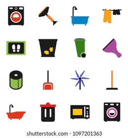 solid vector ixon set - scraper vector, mop, scoop, trash bin, welcome mat, bath, drying clothes, washer, toilet paper, microwave oven, windmill