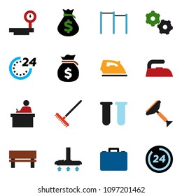 solid vector ixon set - scraper vector, vacuum cleaner, rake, iron, student, money bag, case, horizontal bar, big scales, vial, gear, bench, 24 hour