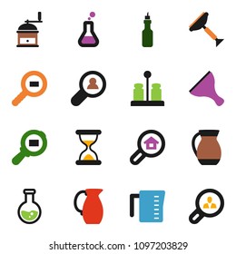 solid vector ixon set - scraper vector, measuring cup, hand mill, spices, jug, oil, flask, cargo search, sand clock, estate, client