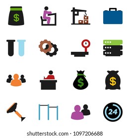 solid vector ixon set - scraper vector, student, money bag, case, horizontal bar, big scales, group, vial, data, gear, construction crane, 24 hour