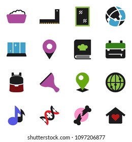 solid vector ixon set - scraper vector, window cleaning, foam basin, shining, cookbook, corner ruler, backpack, music, internet, dna, broken bone, connection, pin, love home