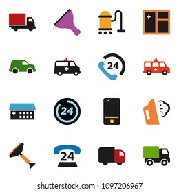 solid vector ixon set - scraper vector, vacuum cleaner, window cleaning, steaming, phone 24, delivery, car, mobile, hospital building, amkbulance, hour