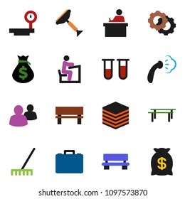 solid vector ixon set - scraper vector, rake, steaming, student, money bag, case, horizontal bar, big scales, group, vial, data, gear, bench