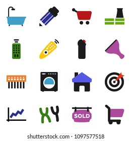 solid vector ixon set - scraper vector, cleaning agent, pencil, graph, remote control, chromosomes, hub, home, sold signboard, bath, washer, factory, target, cart