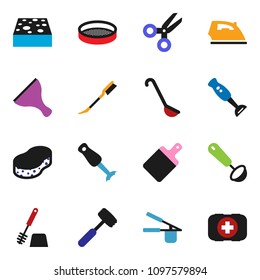 solid vector ixon set - scraper vector, sponge, car fetlock, iron, toilet brush, cook press, ladle, meat hammer, cutting board, blender, sieve, scissors, first aid kit