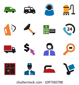 solid vector ixon set - scraper vector, vacuum cleaner, iron, steaming, shining window, dollar cursor, phone 24, support, delivery, car, cargo search, hospital building, amkbulance, doctor, trolley