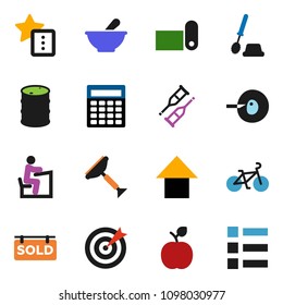 solid vector ixon set - scraper vector, toilet brush, student, apple fruit, calculator, arrow up, bike, fitness mat, oil barrel, insemination, crutches, mortar, favorites, sold signboard, target