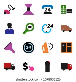 solid vector ixon set - scraper vector, vacuum cleaner, car fetlock, window cleaning, steaming, agent, dollar cursor, phone 24, delivery, cargo search, hospital building, hour, support