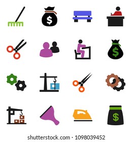 solid vector ixon set - scraper vector, rake, iron, student, money bag, group, scissors, gear, bench, construction crane
