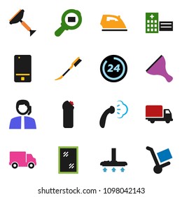 solid vector ixon set - scraper vector, vacuum cleaner, car fetlock, window cleaning, iron, steaming, agent, support, delivery, cargo search, mobile phone, hospital building, 24 hour, trolley