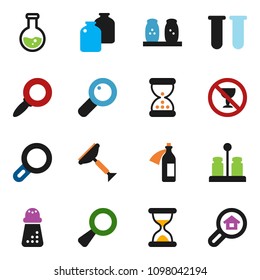 solid vector ixon set - scraper vector, hand mill, spices, jar, magnifier, flask, no alcohol sign, vial, sand clock, potion, search estate