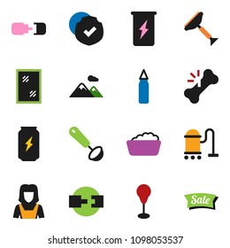 solid vector ixon set - scraper vector, vacuum cleaner, window cleaning, foam basin, woman, ladle, punching bag, enegry drink, protected, broken bone, connection, mountain, sale