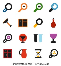 solid vector ixon set - scraper vector, window cleaning, shining, oil, jug, glass, cargo search, vial, magnifier, sand clock, estate, client