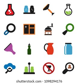 solid vector ixon set - scraper vector, window cleaning, hand mill, spices, jug, jar, oil, flask, no alcohol sign, magnifier, cloud glass, client search