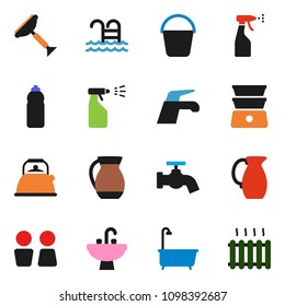 solid vector ixon set - scraper vector, water tap, bucket, bath, sprayer, closet, sink, kettle, double boiler, jug, bottle, pool, heating