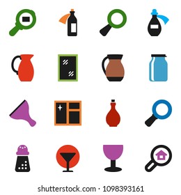 solid vector ixon set - scraper vector, window cleaning, oil, hand mill, jug, jar, magnifier, glass, cargo search, potion, estate