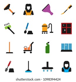 solid vector ixon set - scraper vector, cleaner trolley, vacuum, mop, car fetlock, toilet brush, cleaning agent, shining window, woman