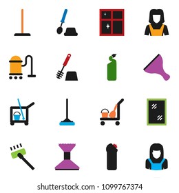 solid vector ixon set - scraper vector, cleaner trolley, vacuum, mop, car fetlock, window cleaning, toilet brush, agent, shining, woman