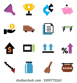 solid vector ixon set - scraper vector, broom, microwave oven, jar, award cup, crisis, percent growth, piggy bank, investment, dollar, cent sign, horizontal bar, car, document, top, rooms signboard
